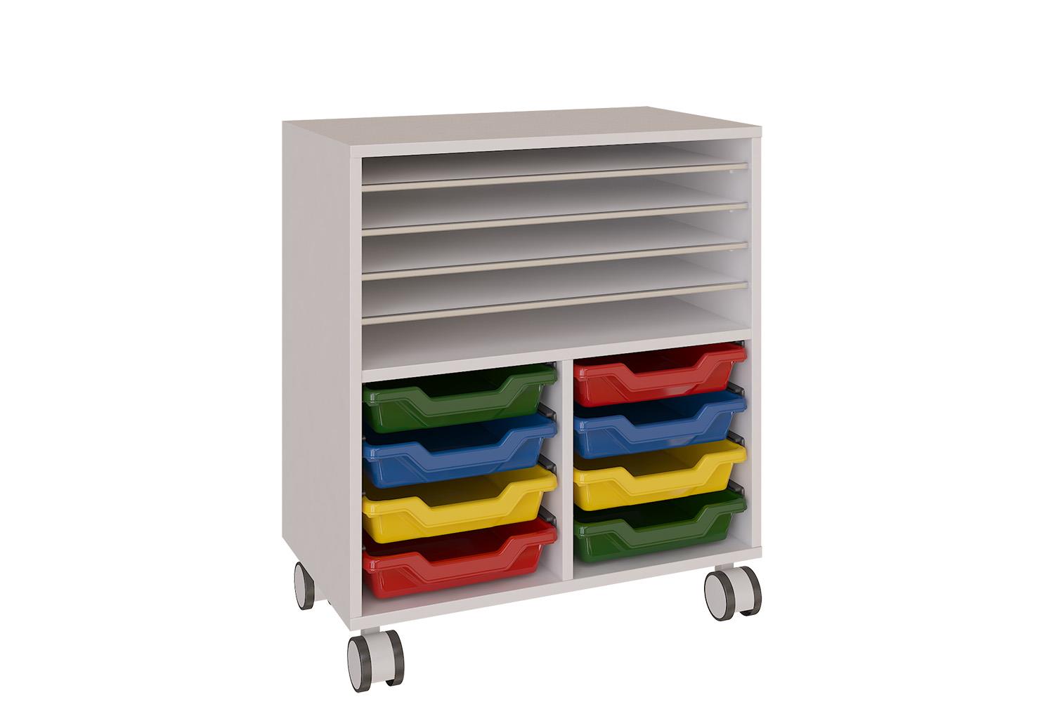 Mobile low shelving unit with trays of storage