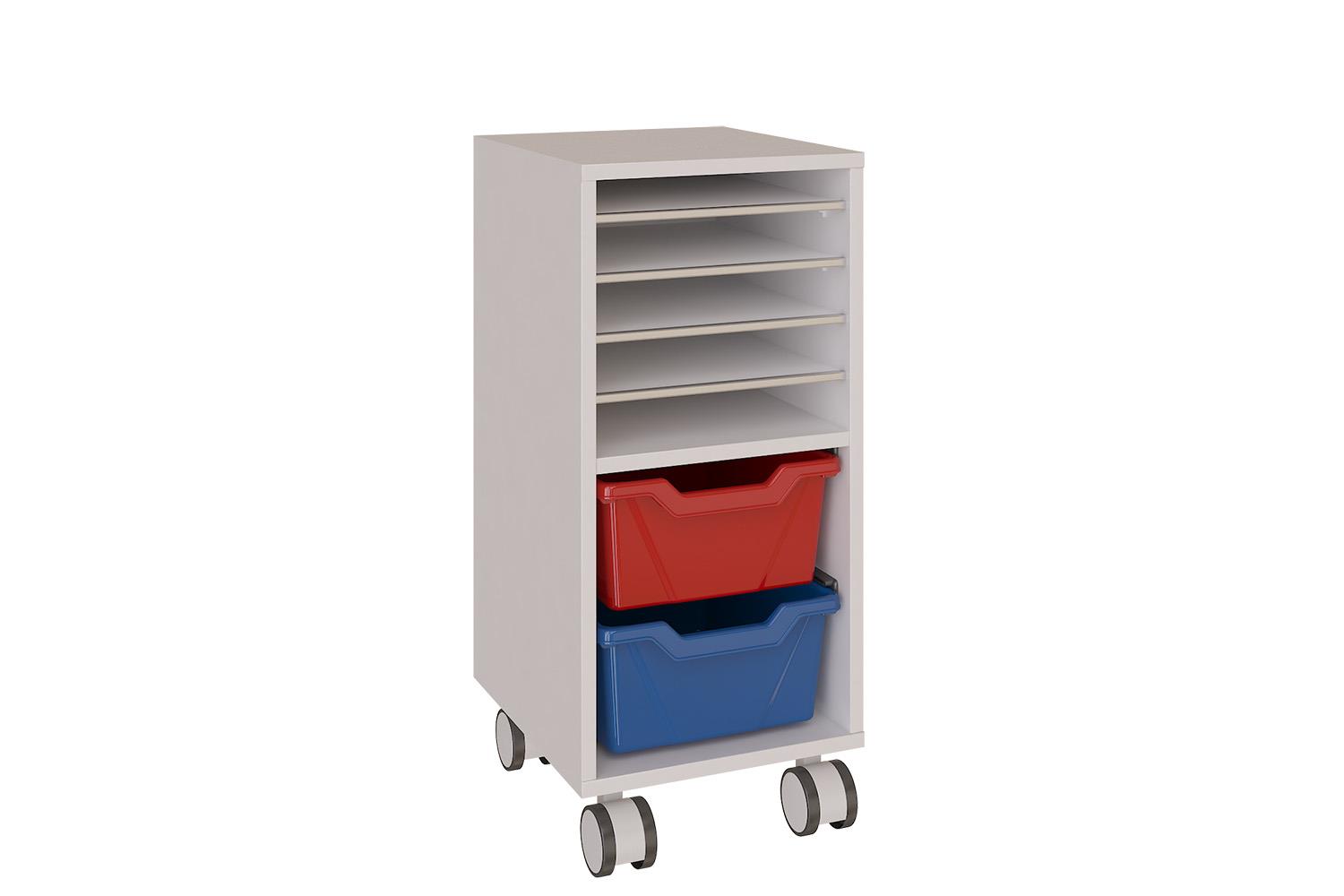 Mobile tall shelving unit with lower trays