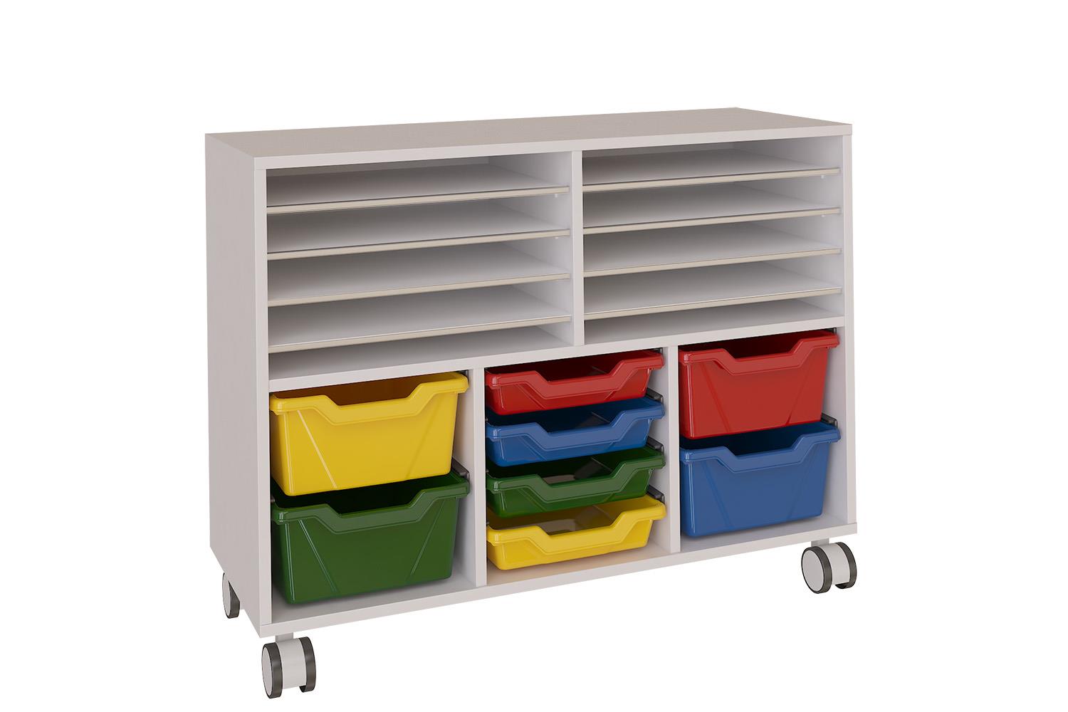 Mobile double shelving unit with modules of trays