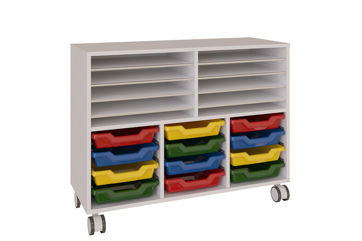 Mobile double shelving unit with multiple trays