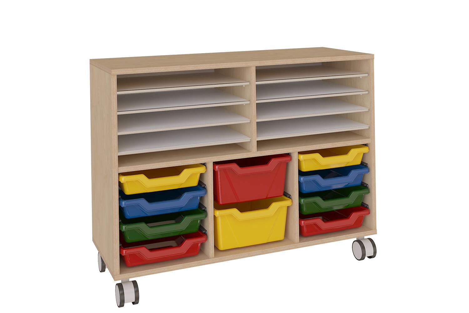 Mobile double shelving unit with multicoloured trays