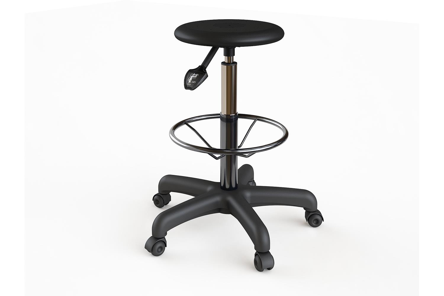 Tall stool of plastic with footrest and castors