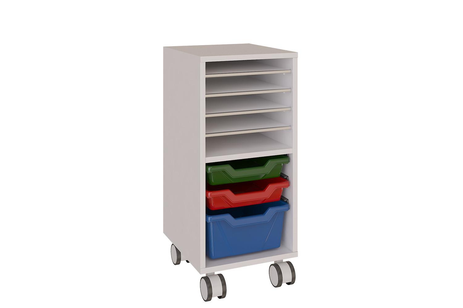 Mobile tall shelving unit with coloured trays