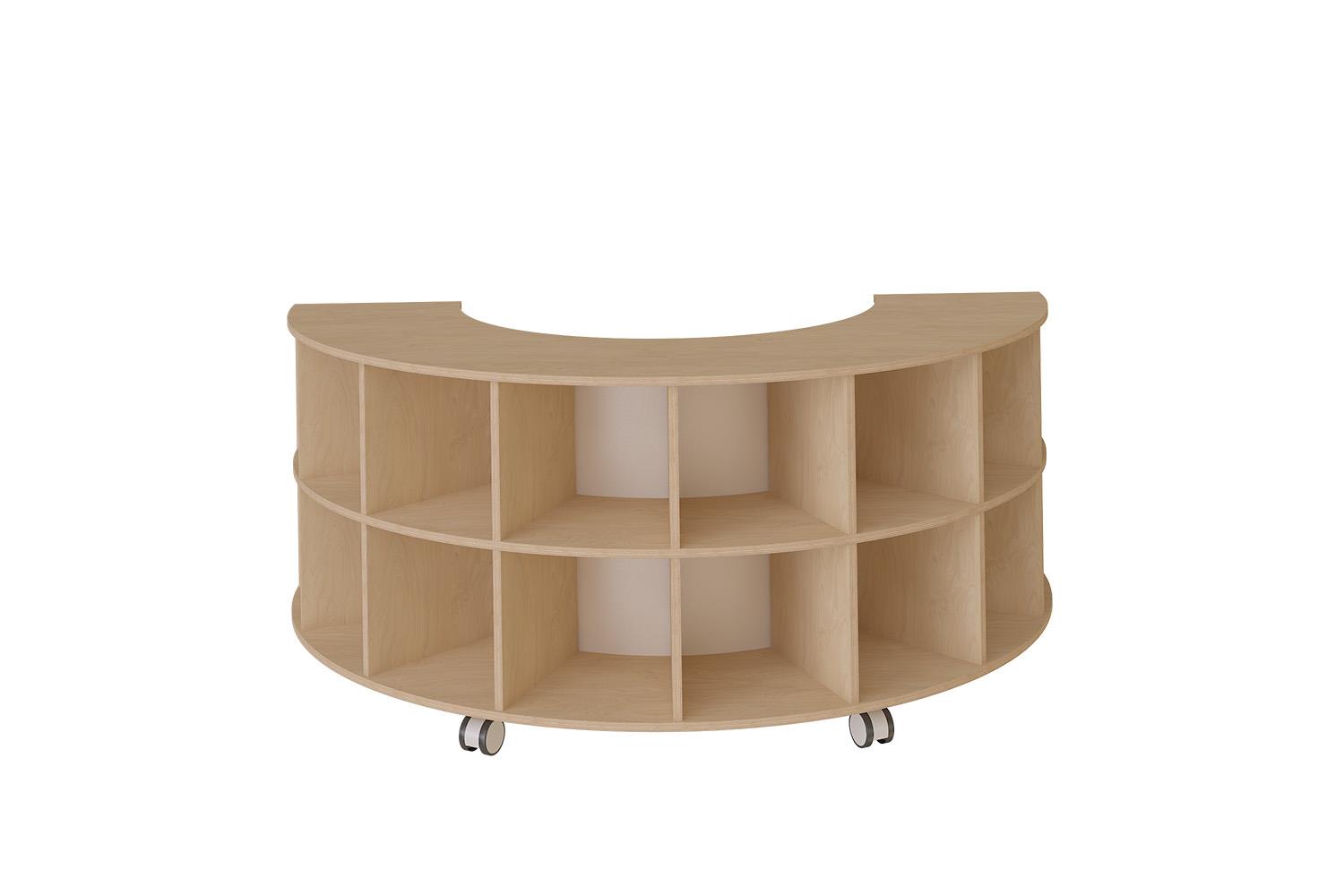 Mobile semicircular shelving unit with two tiers