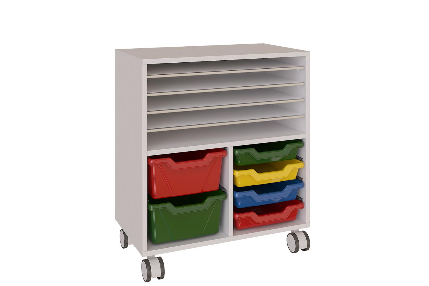 Mobile low shelving unit with double module of trays