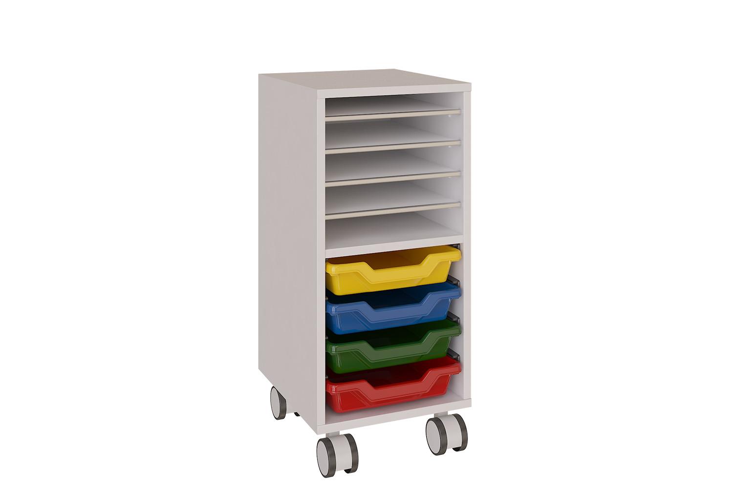 Mobile tall shelving unit with multiple trays