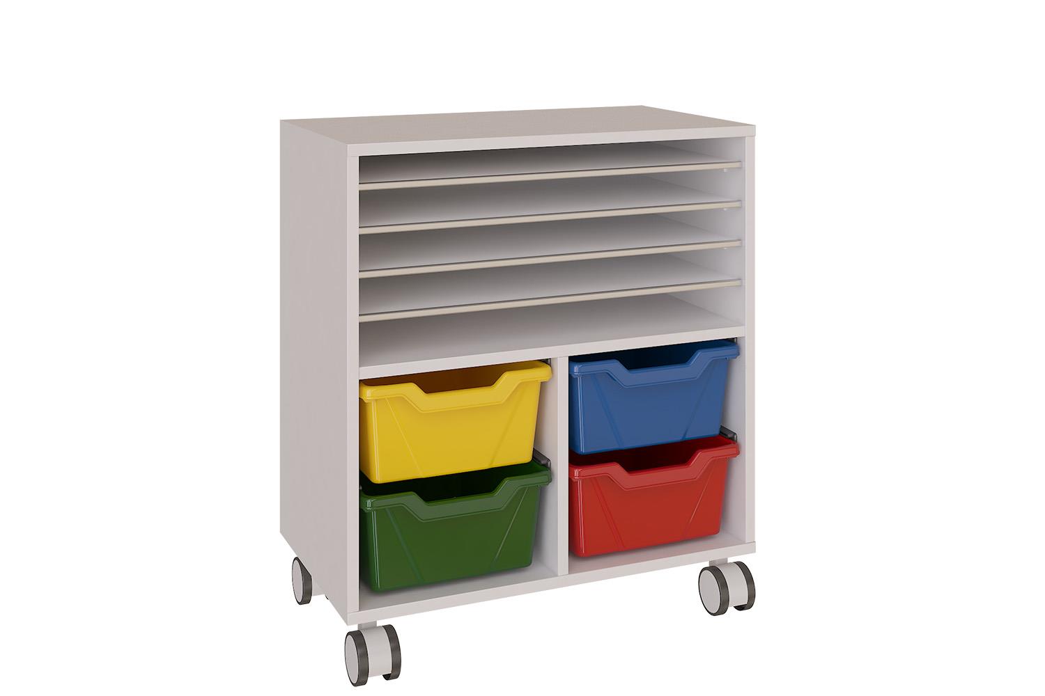 Mobile low shelving unit with lower trays